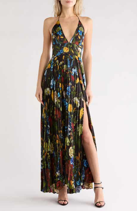 Alice + Olivia Hannah Floral Pleated Halter Maxi Dress