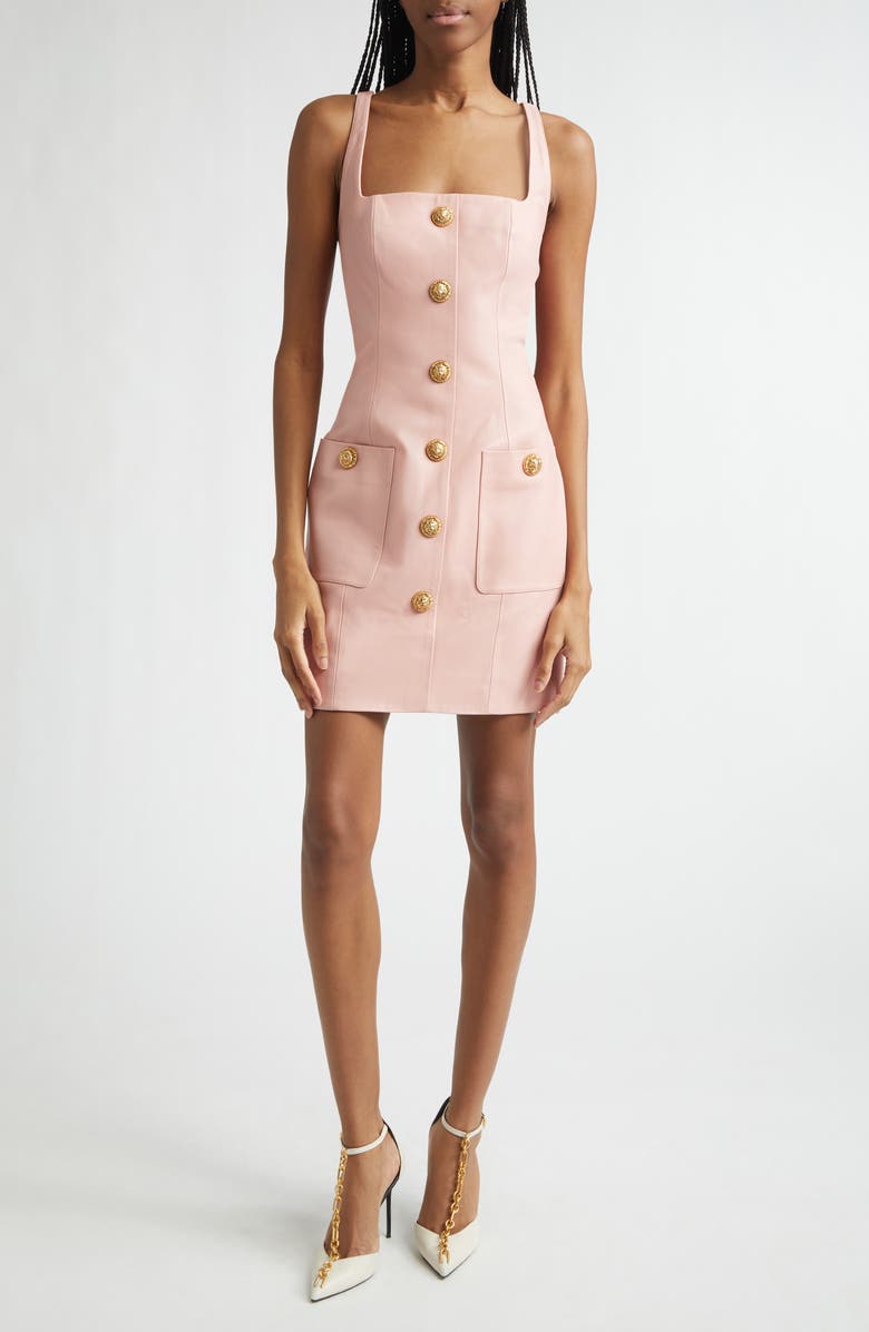 Balmain Button Leather Minidress, Main, color, 4Hr Powder Pink