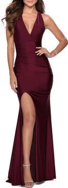 La Femme Sleek Prom Dress with Deep V-Neckline and Tie Back