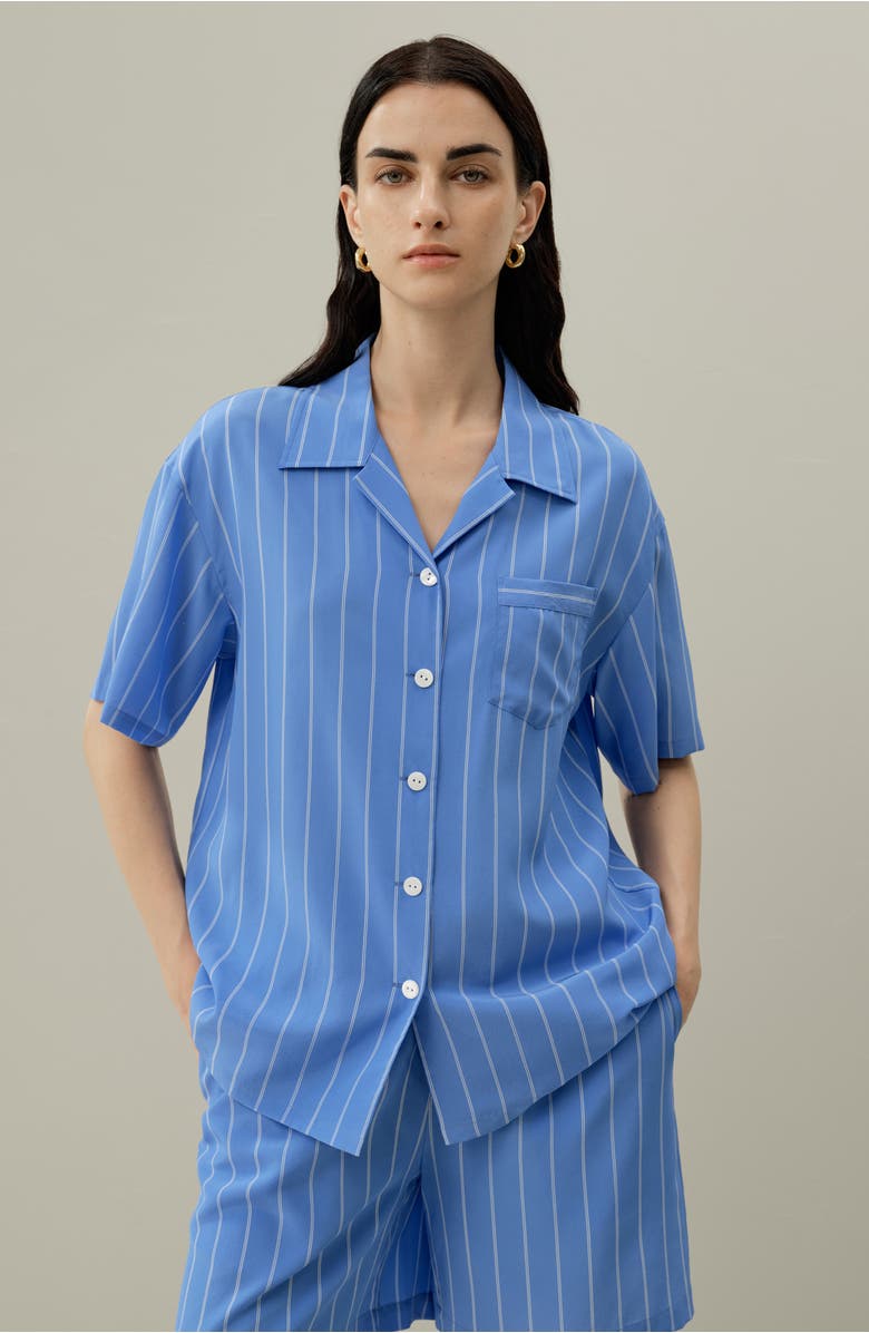 Lilysilk Women's Amalfi Striped Cuban Collar Silk Shirt, Alternate, color, Amalfi Stripe
