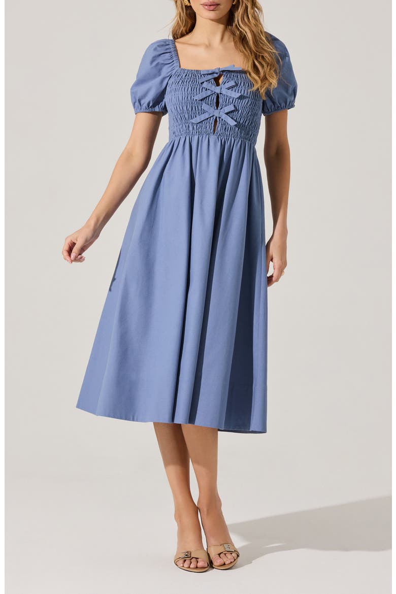 Bow Detail Smock Bodice Cotton Blend Dress, Alternate, color, DENIM BLUE