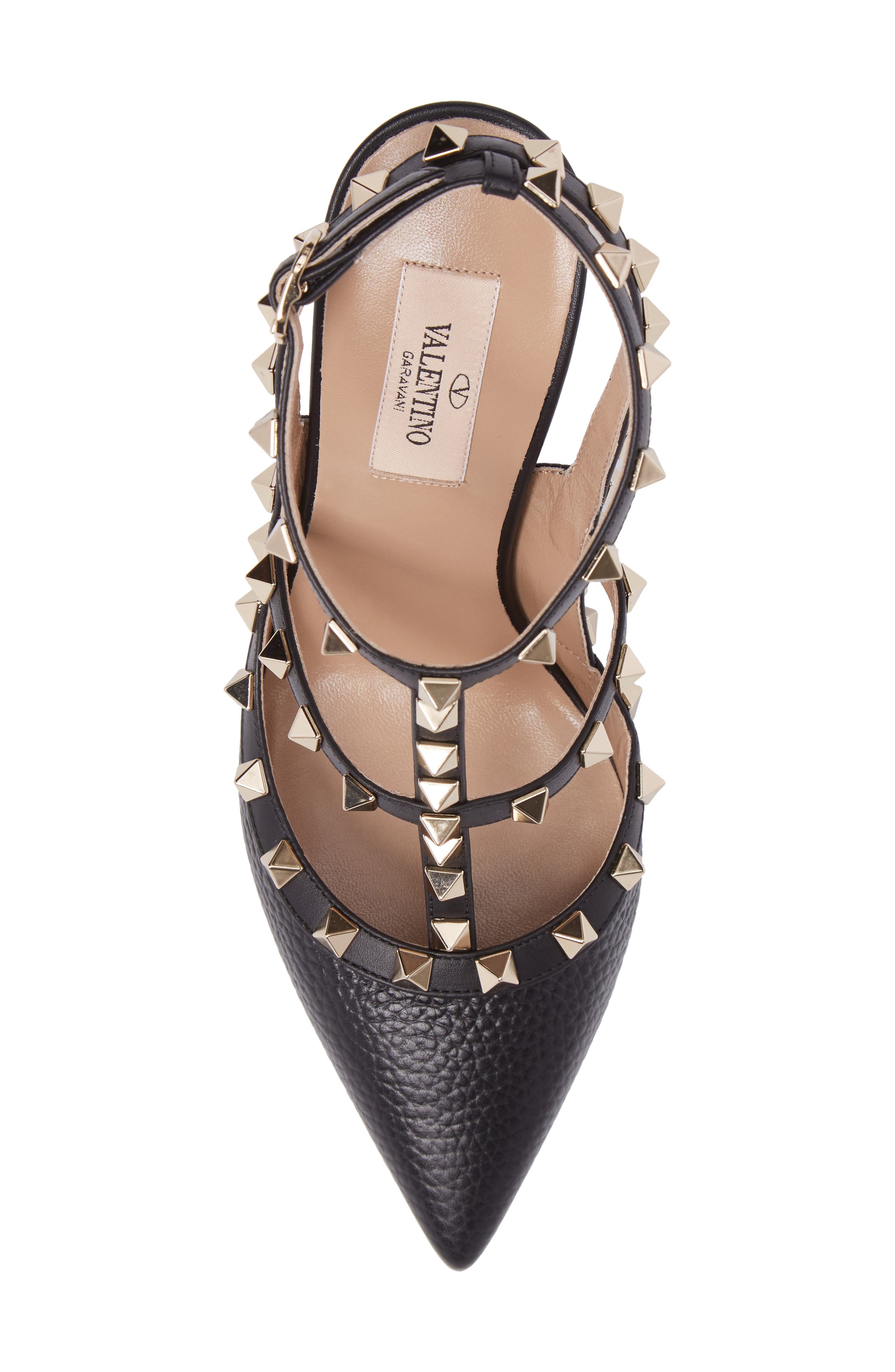Rockstud T-Strap Pointed Toe Pump, Alternate, color, BLACK