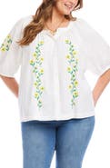 Karen Kane Floral Embroidered Cotton Peasant Top