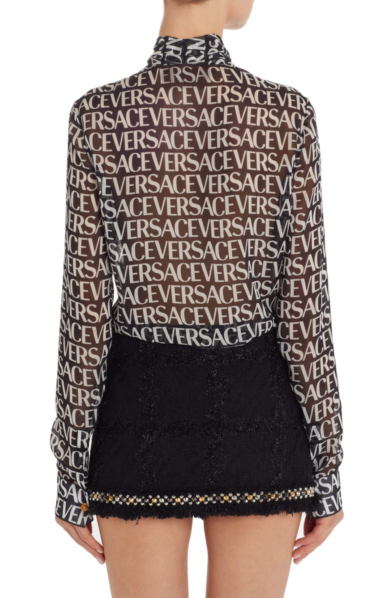 Versace Logo Print Semisheer Tie Neck Silk Blouse, Alternate, color, 