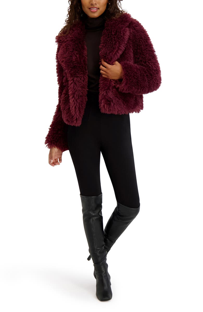 Kensie Faux Fur Crop Jacket, Alternate, color, Wine