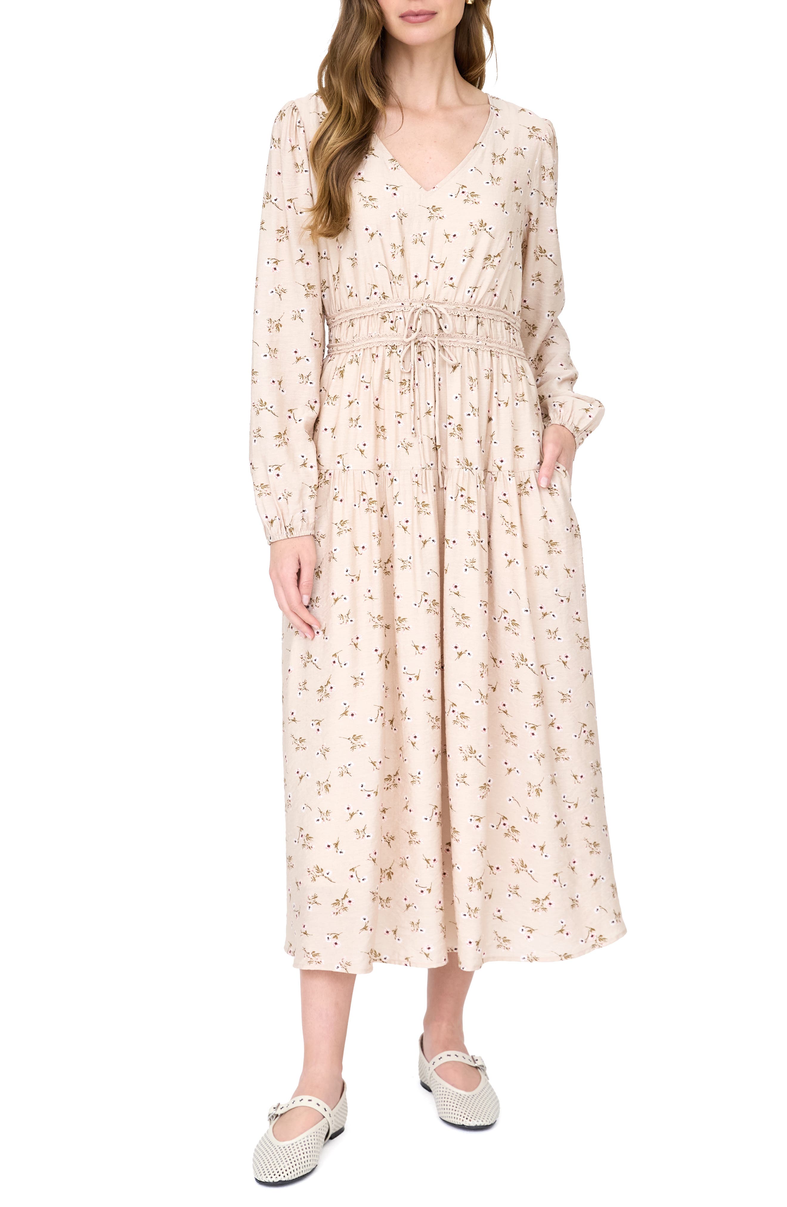 Ditsy Floral Print Long Sleeve Midi Dress