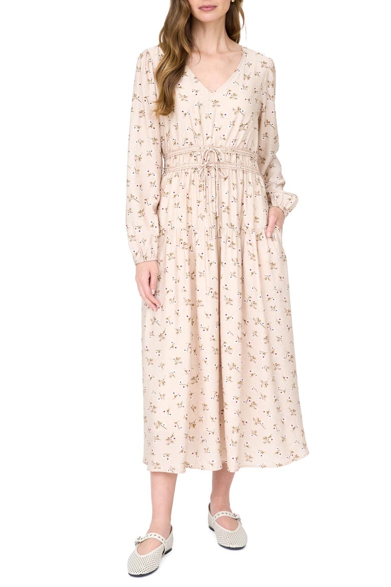 Ditsy Floral Print Long Sleeve Midi Dress, Main, color, BEIGE