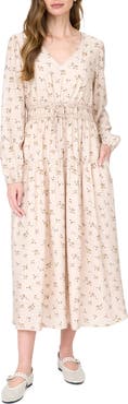 AUGUST SKY Ditsy Floral Print Long Sleeve Midi Dress