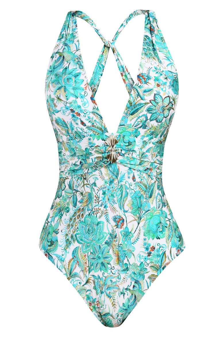Free Spirit Plunge One-Piece Swimsuit, Alternate, color, BLUE/ GREEN MULTI