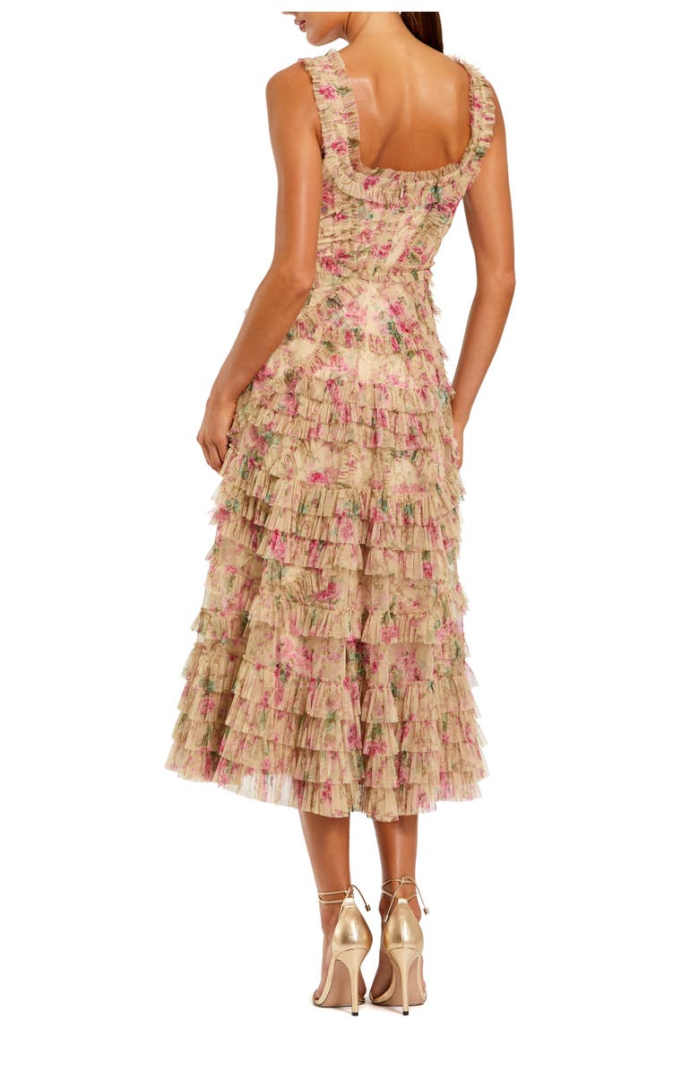 Mac Duggal Floral Printed Sleeveless Ruffle Midi Dress, Alternate, color, Beige Multi