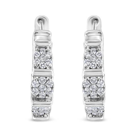 Silver 1/2 Ct Lab Grown Round Diamond Floral Cluster Hoop Earrings