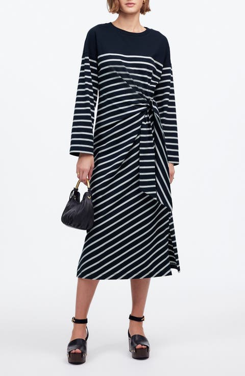 Stripe Side Tie Long Sleeve Knit Maxi Dress