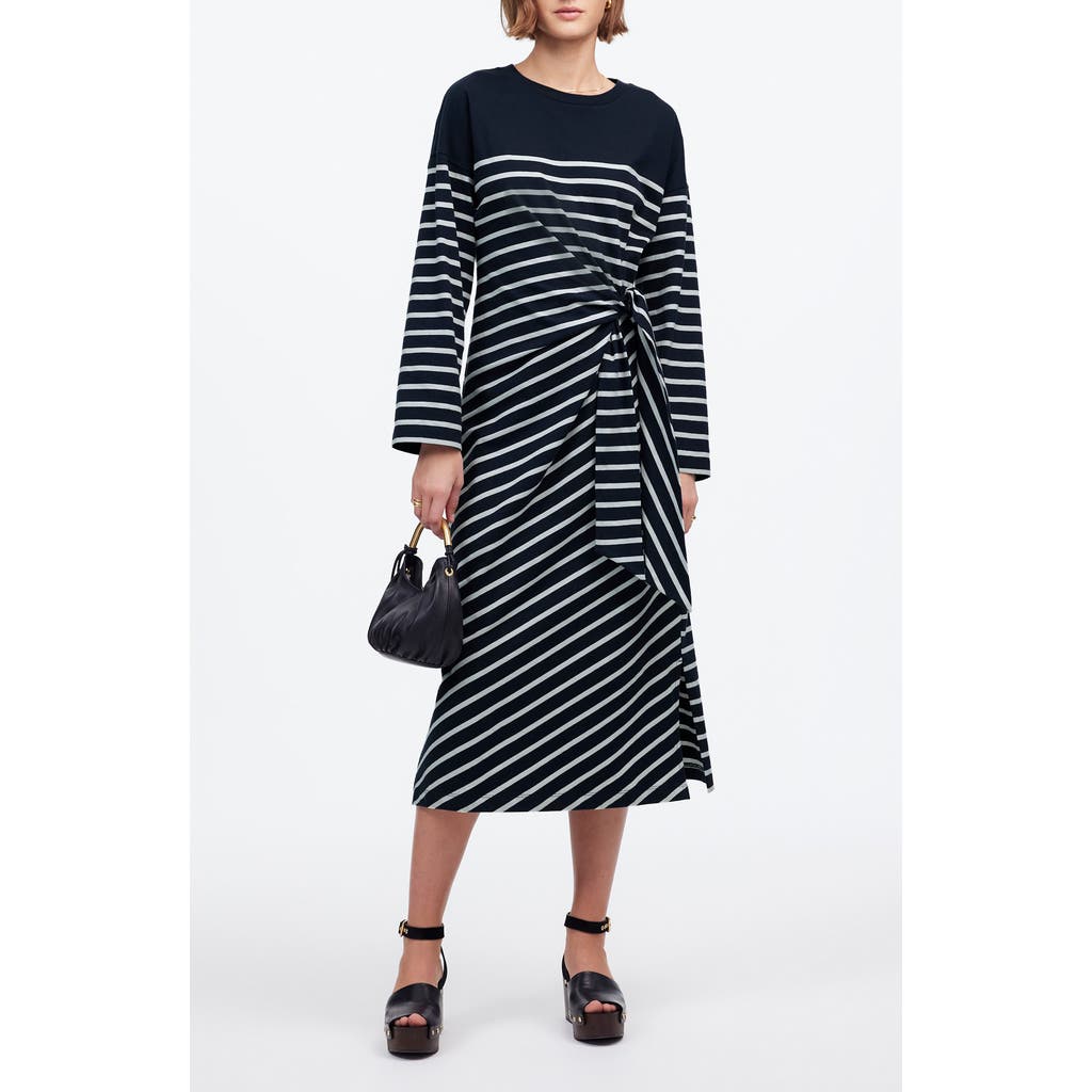 Madewell Stripe Side Tie Long Sleeve Knit Maxi Dress In Placed Stripe Dark Navy