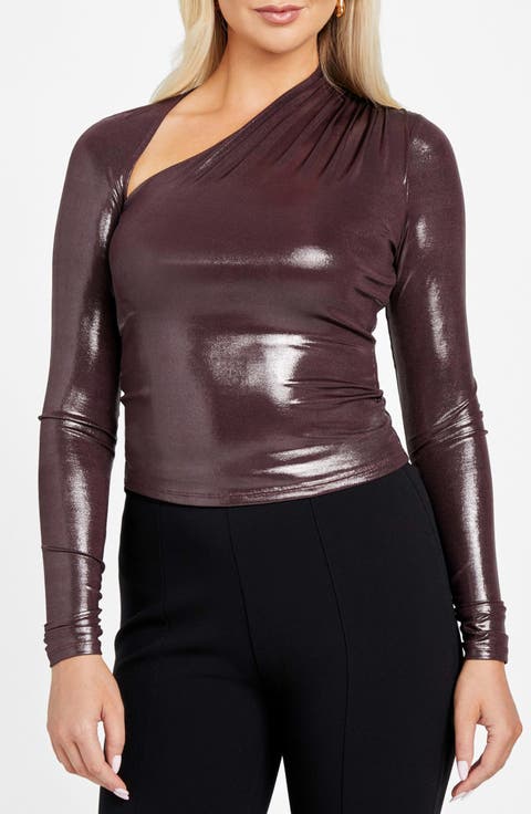 Metallic Asymmetric Neck Top