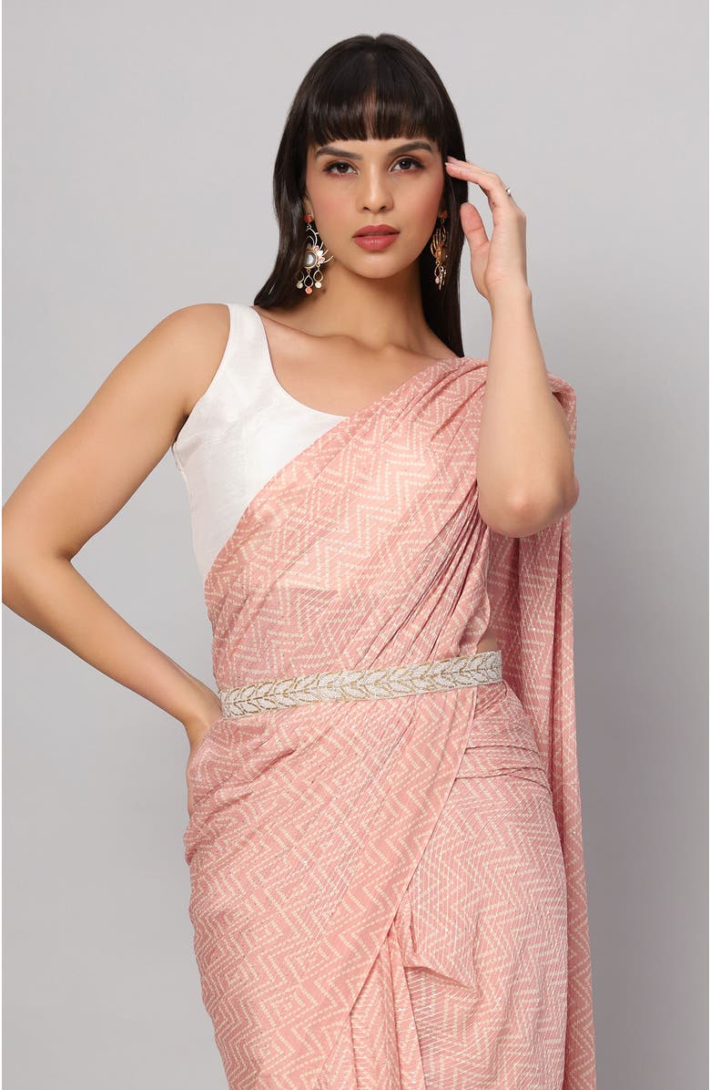 One Minute Saree<sup>®</sup> Mehr Peach & White Zigzag Sequins Crepe Pre-Draped Ready to Wear Sari, Alternate, color, 