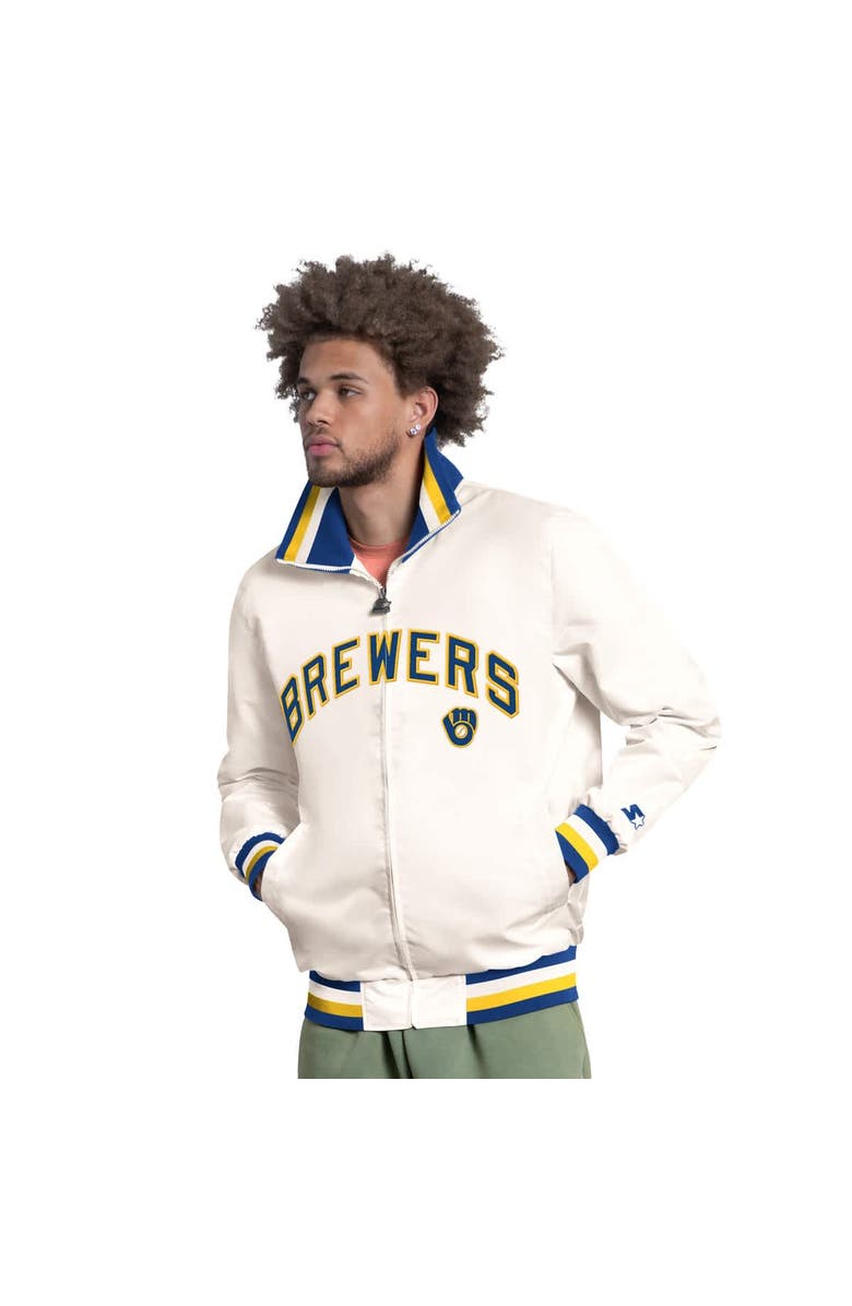 STARTER Men's Starter White Milwaukee Brewers The Captain Cooperstown Logo Full-Zip Varsity Jacket, Main, color, White
