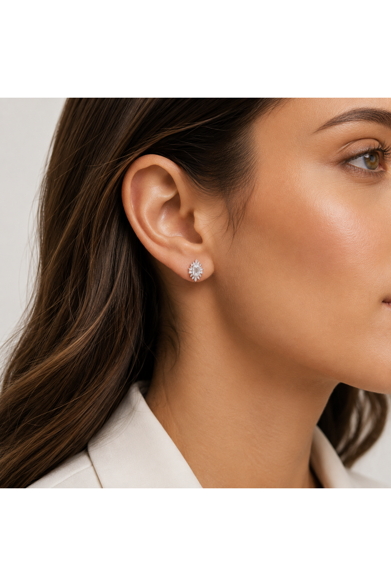 Sterling Silver Emerald-Cut Baguette Halo Earrings, Alternate, color, Silver