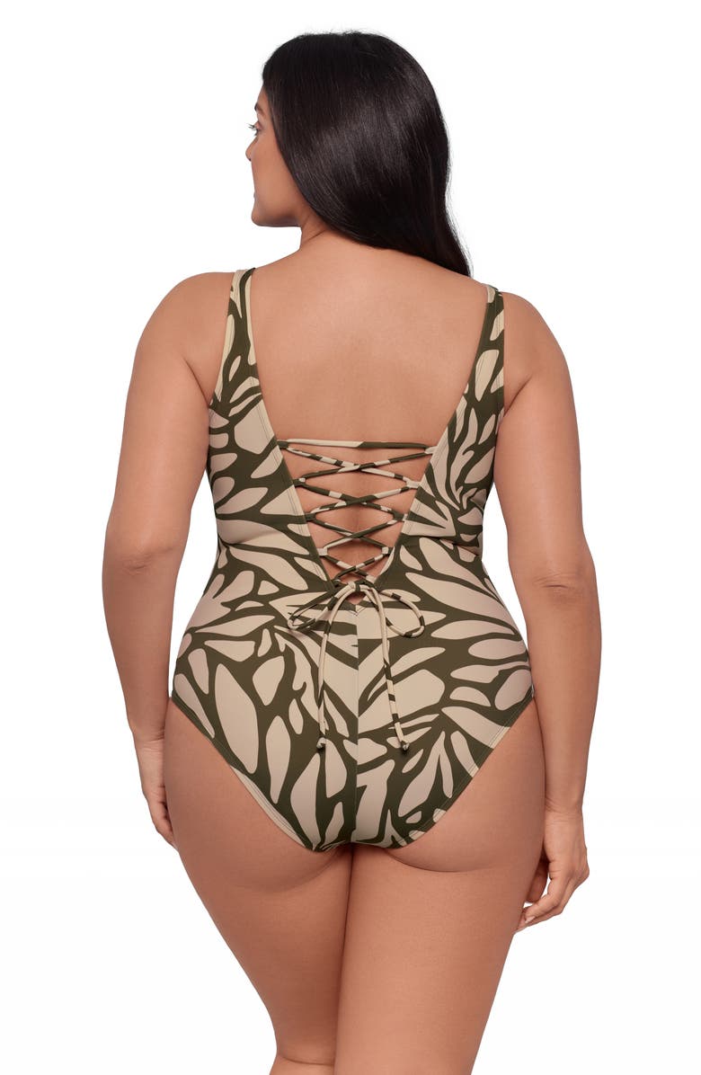 S3 Square Neck Lace-Up Back One Piece Swimsuit, Alternate, color, Modern Foliage Eucalyptus