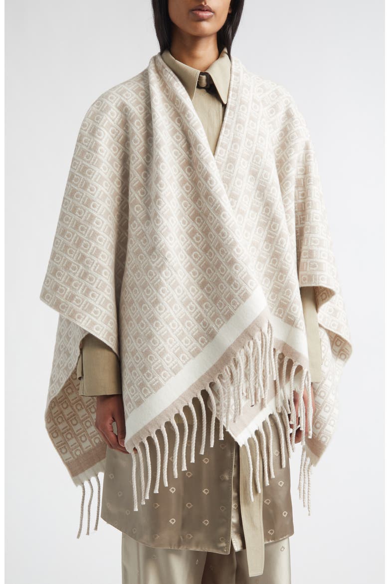 Gancini Monogram Wool Fringe Cape, Main, color, MASCARPONE