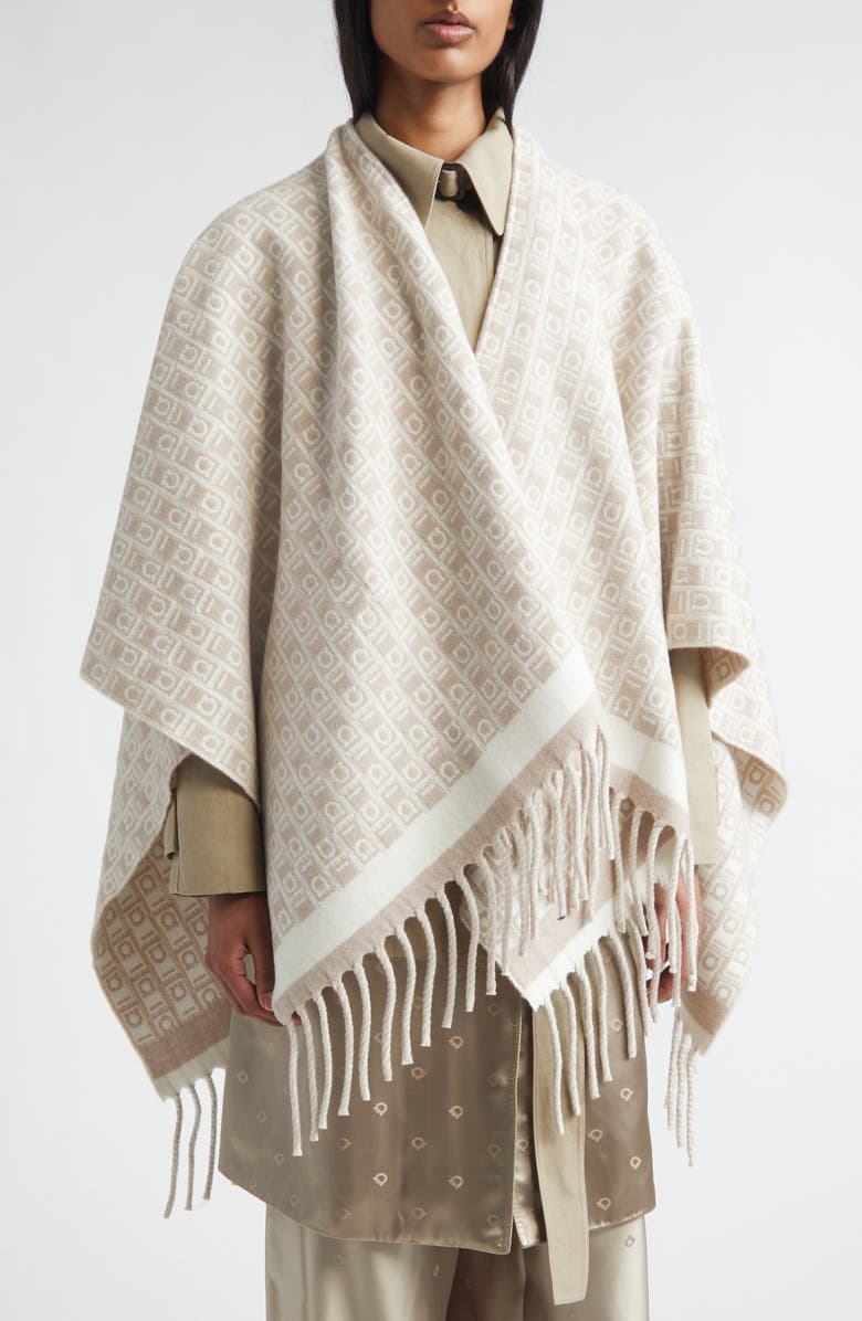 FERRAGAMO Gancini Monogram Wool Fringe Cape, Main, color, Mascarpone