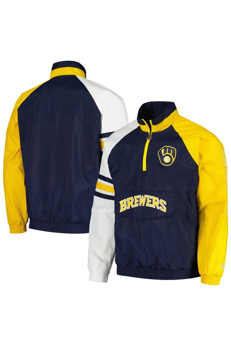 Men's Starter Navy/Gold Milwaukee Brewers Elite Raglan Half-Zip Jacket, Alternate, color, Navy