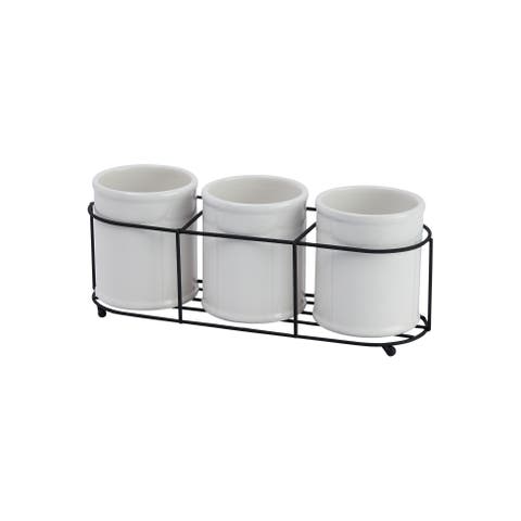 Farmhouse Ceramic Crocks in Metal Holder, White and Black