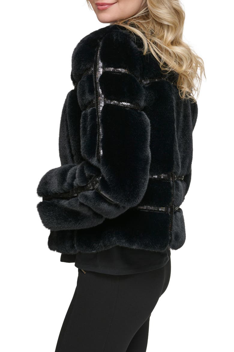 Sequin Quilted Faux Fur Jacket, Alternate, color, BLACK