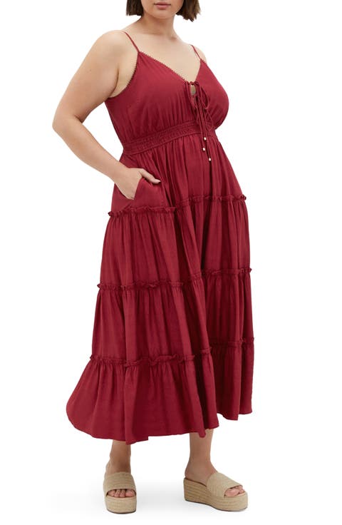 Aiza Tiered Tie Front Sleeveless Maxi Dress (Plus)