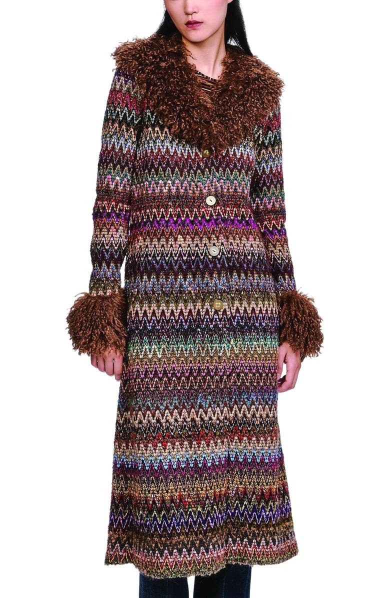 Anna Sui Bargello Faux Fur Trim Coat, Alternate, color, Multi