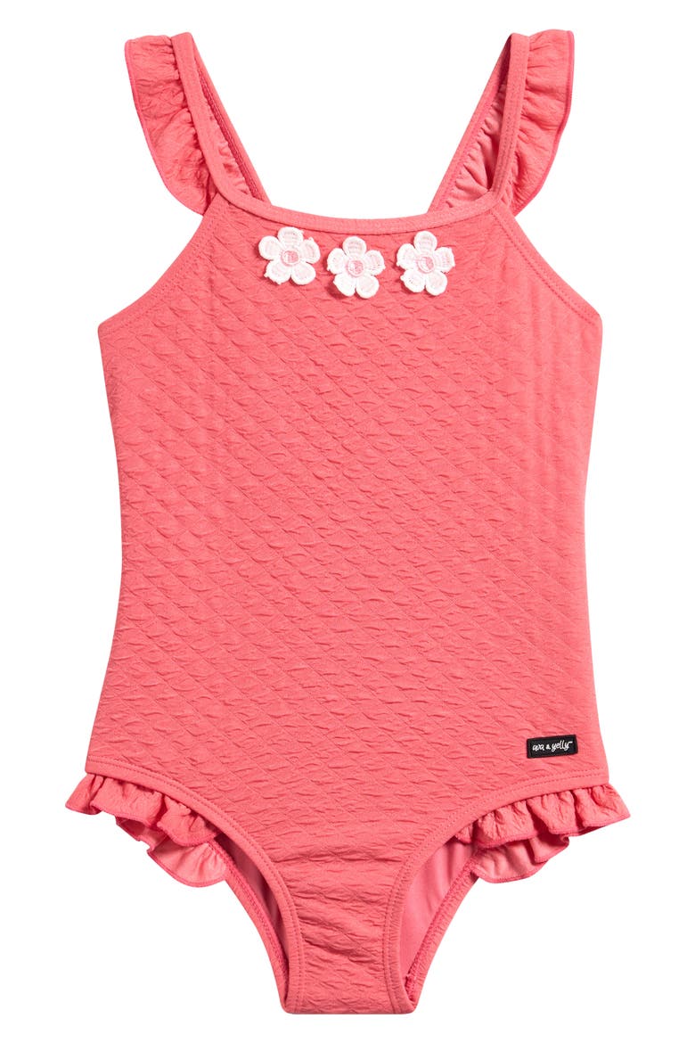 Kids' Daisy Ruffle Textured One-Piece Swimsuit, Main, color, CORAL