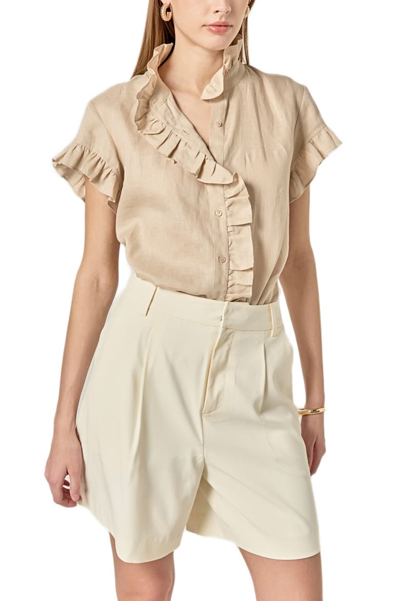 Ruffle Trim Linen Button-Up Shirt, Main, color, NATURAL