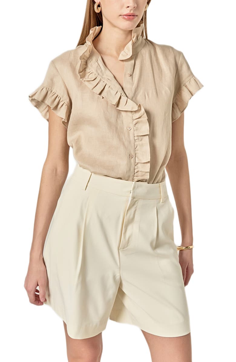 English Factory Ruffle Trim Linen Button-Up Shirt, Main, color, Natural