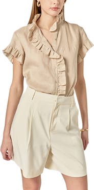English Factory Ruffle Trim Linen Button-Up Shirt