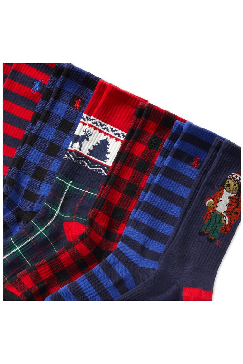 Artic Holiday Bear Assorted 6-Pack Cotton Blend Crew Socks, Alternate, color, RED MULTI