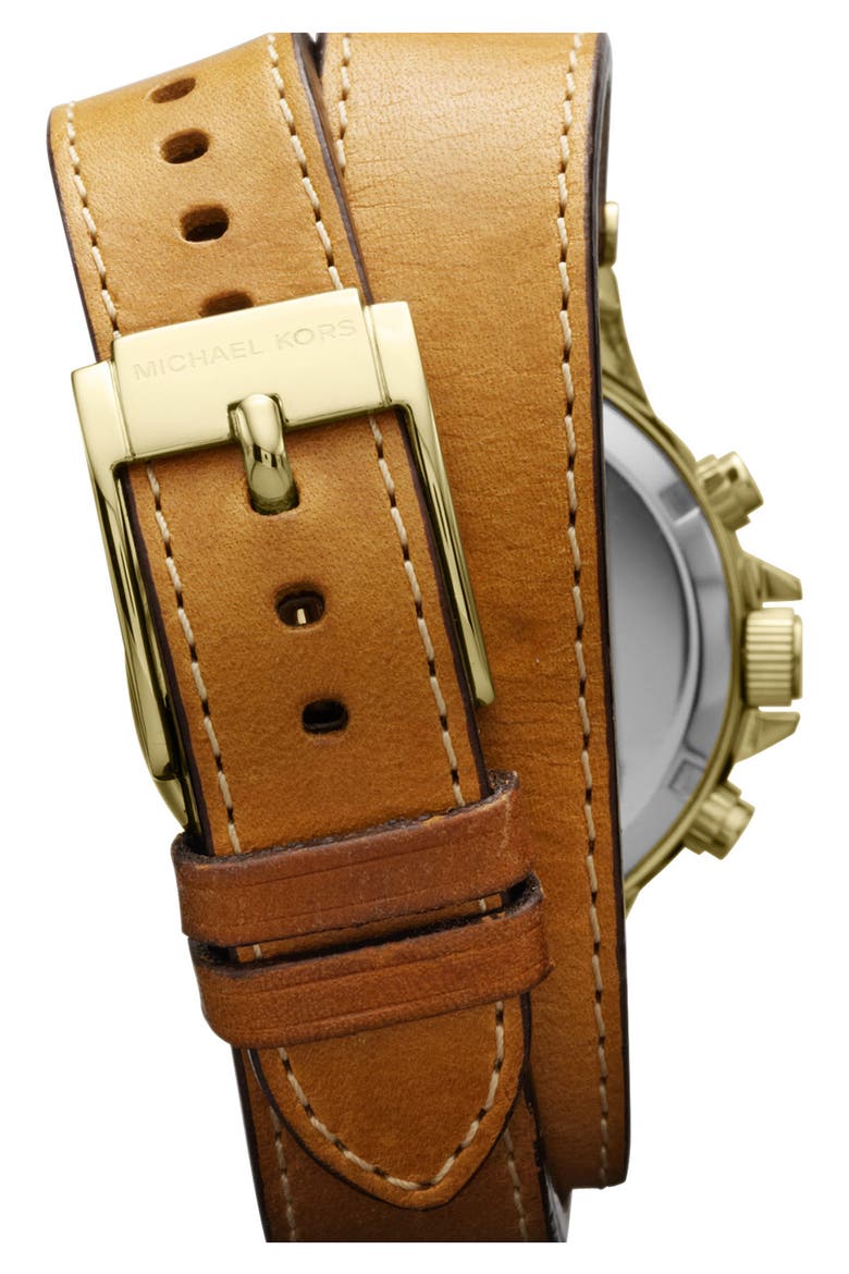 Michael Kors 'Peyton' Double Wrap Leather Strap Watch, Alternate, color, GOLD/ LUGGAGE