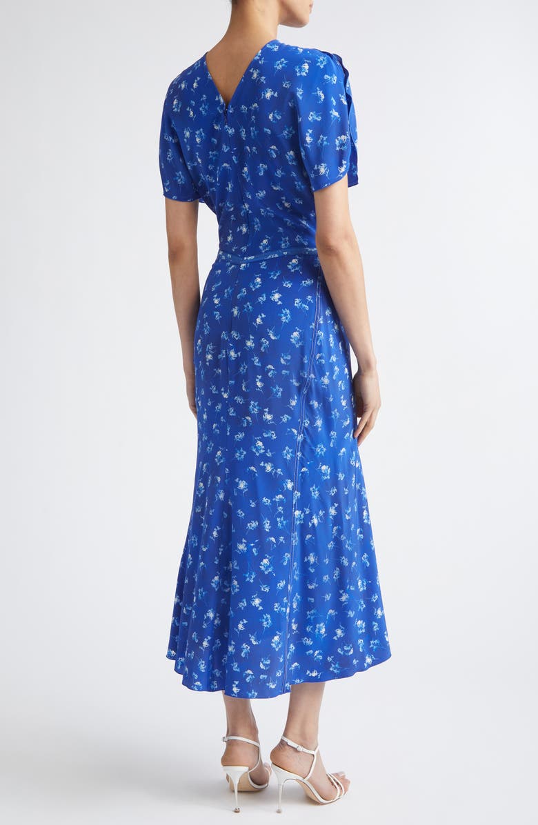 Victoria Beckham Bela Floral Ruched Silk Midi Dress, Alternate, color, Cyanotype Flower Indigo