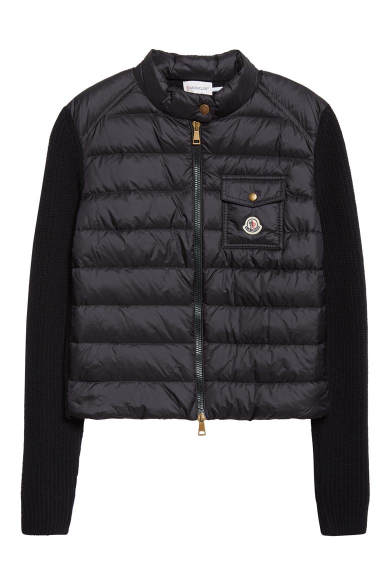 Purl Stitch Wool & Cashmere & Quilted Down Puffer Cardigan, Alternate, color, BLACK