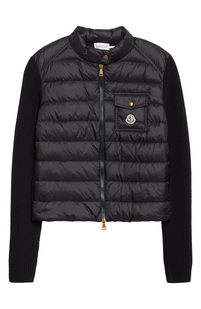 Moncler Purl Stitch Wool & Cashmere & Quilted Down Puffer Cardigan, Alternate, color, Black