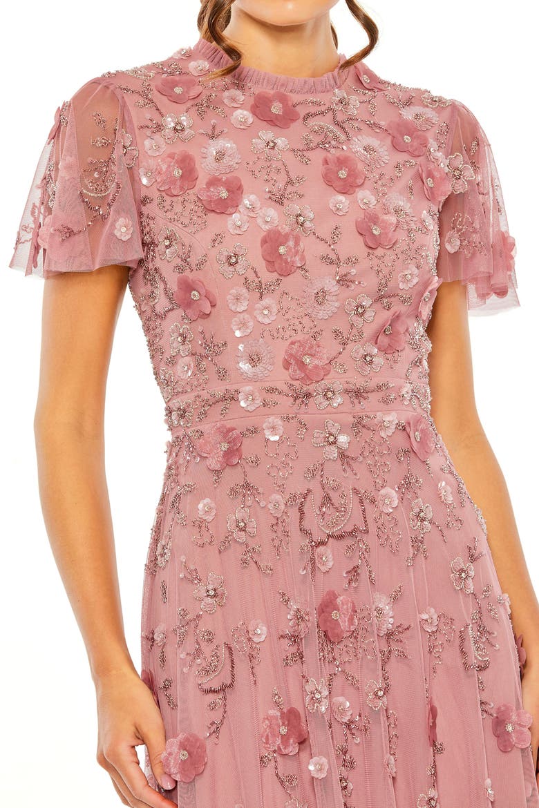 Petite Embellished High Neck A-Line Dress with Flutter Sleeves, Alternate, color, Berry