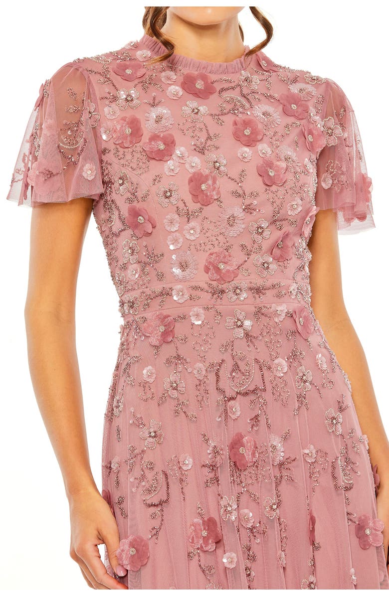 Mac Duggal Petite Embellished High Neck A-Line Dress with Flutter Sleeves, Alternate, color, Berry