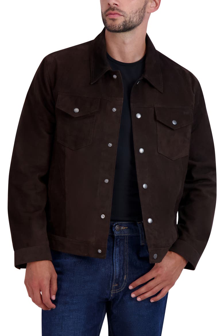 Suede Trucker Jacket, Main, color, DARK CHOCOLATE