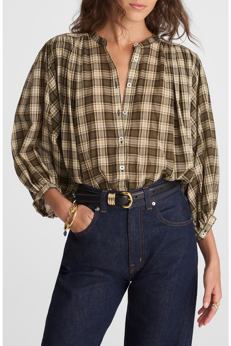 Balloon Sleeve Cotton Button-Up Top, Main, color, FADED IVY