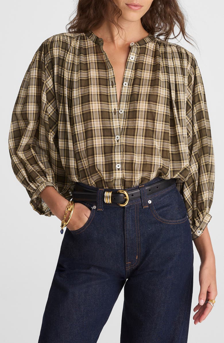 Madewell Balloon Sleeve Cotton Button-Up Top, Main, color, Faded Ivy