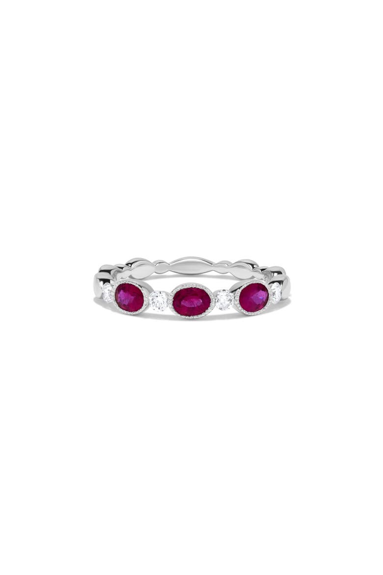 Milgrain Bezel Set Oval Ruby & Diamond Ring in 14K White Gold, Main, color, 14K White Gold