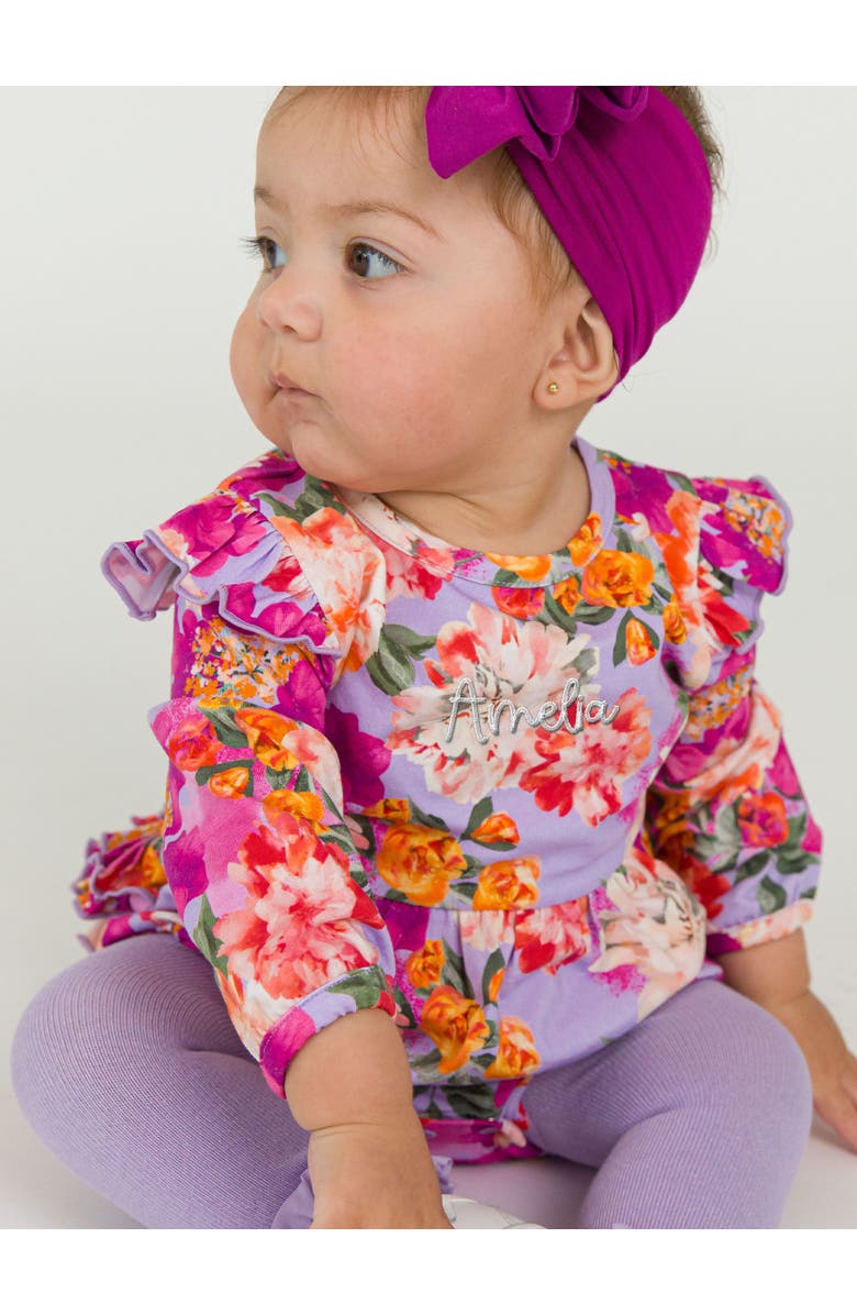 RuffleButts Long Sleeve Flutter Bubble Romper, Alternate, color, Lavender Valley