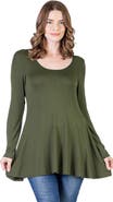 24seven Comfort Apparel Long Sleeve Solid Color Swing Style Flared Tunic Top