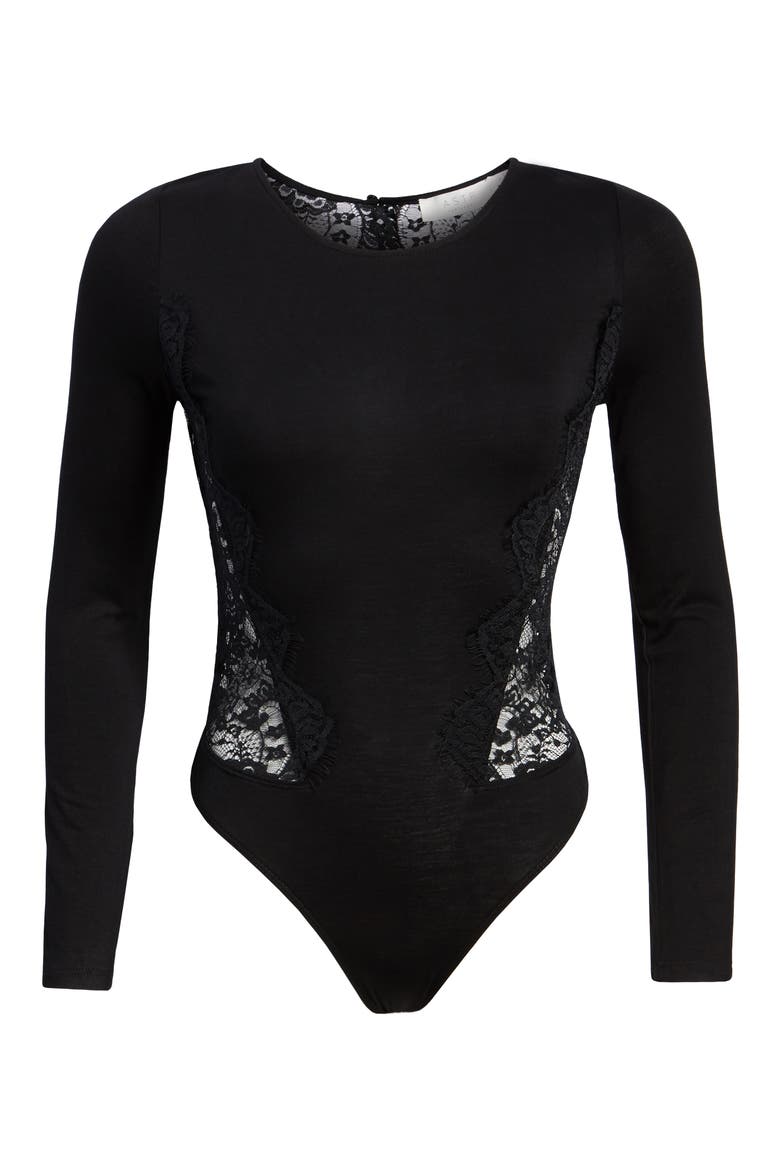 Open Back Lace Bodysuit, Alternate, color, BLACK