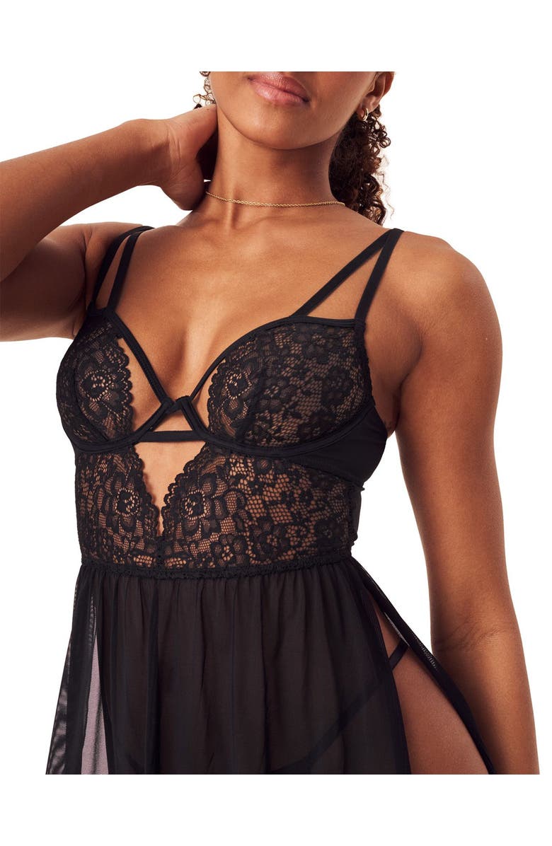 Adore Me Rae Unlined Babydoll & G-String Set Lingerie, Alternate, color, Black