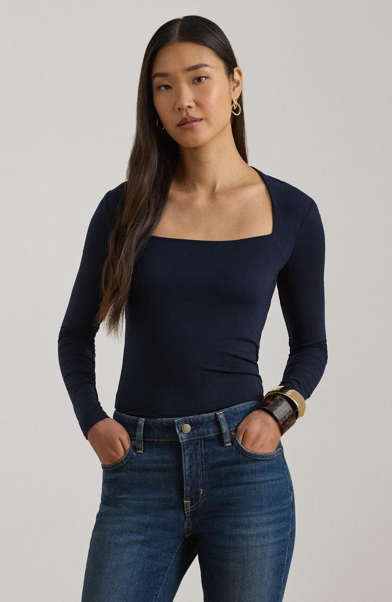 Lauren Ralph Lauren Stretch Jersey Square Neck Top, Alternate, color, Lauren Navy
