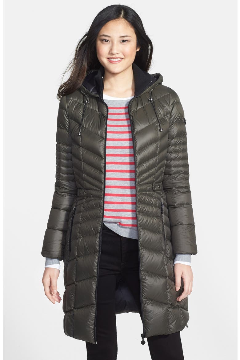 Packable Goose Down Hooded Walking Coat, Main, color, GRANITE/ BLACK